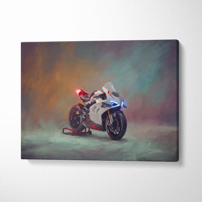 Ducați panigale v4 inspired sport bike wall art featuring a white and red motorcycle with blue headlights on canvas
