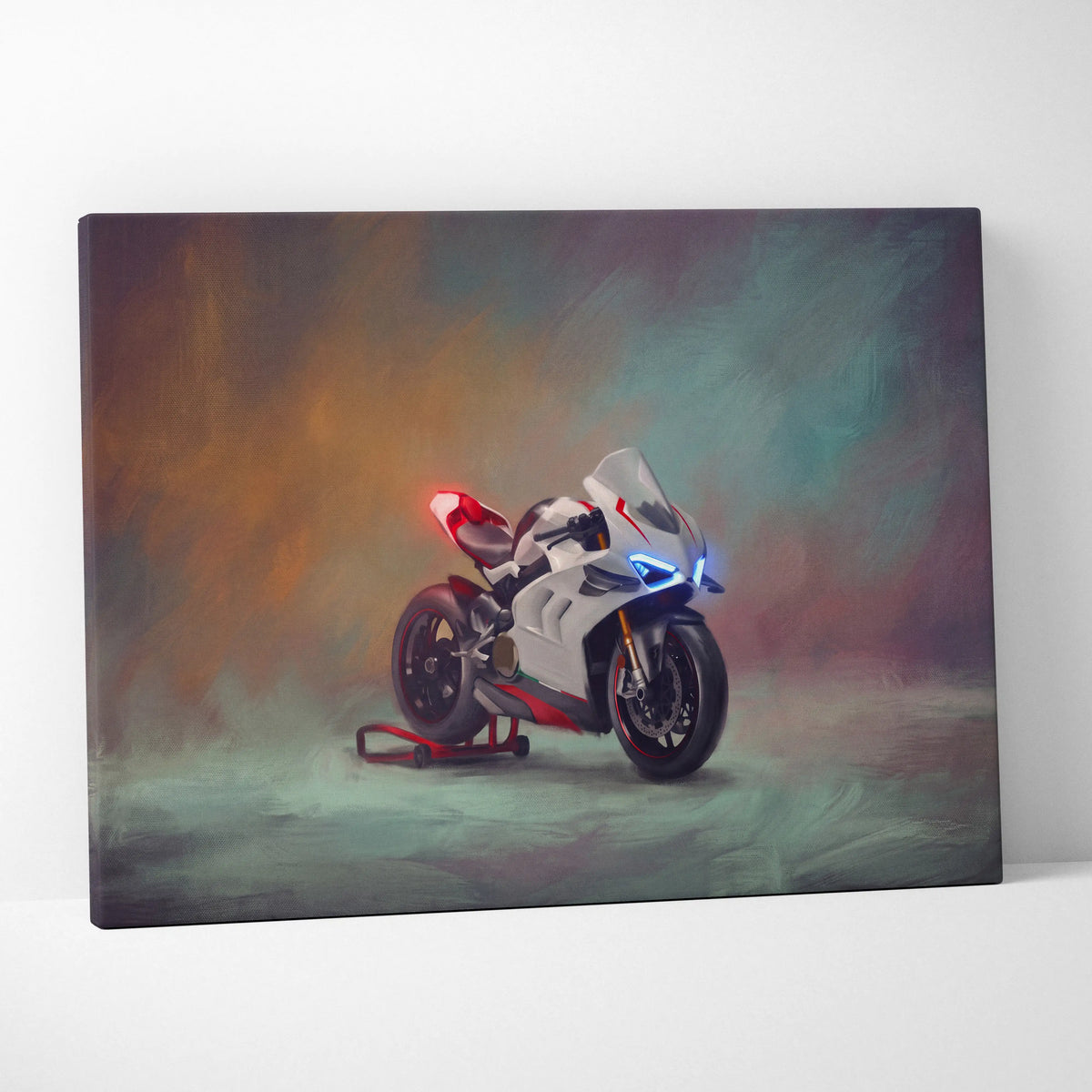 Ducati Panigale V4 inspired sport bike wall art featuring white and red superbike with glowing blue headlights and taillight