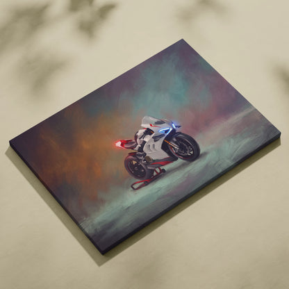White and red Ducati Panigale V4 inspired sport motorcycle painting on a stretched canvas superbike print