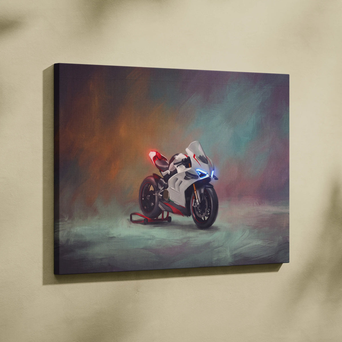 Ducati panigale v4 inspired sport bike wall art featuring white and red ducati motorcycle painting on canvas