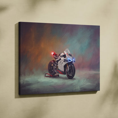 Ducati panigale v4 inspired sport bike wall art featuring white and red ducati motorcycle painting on canvas