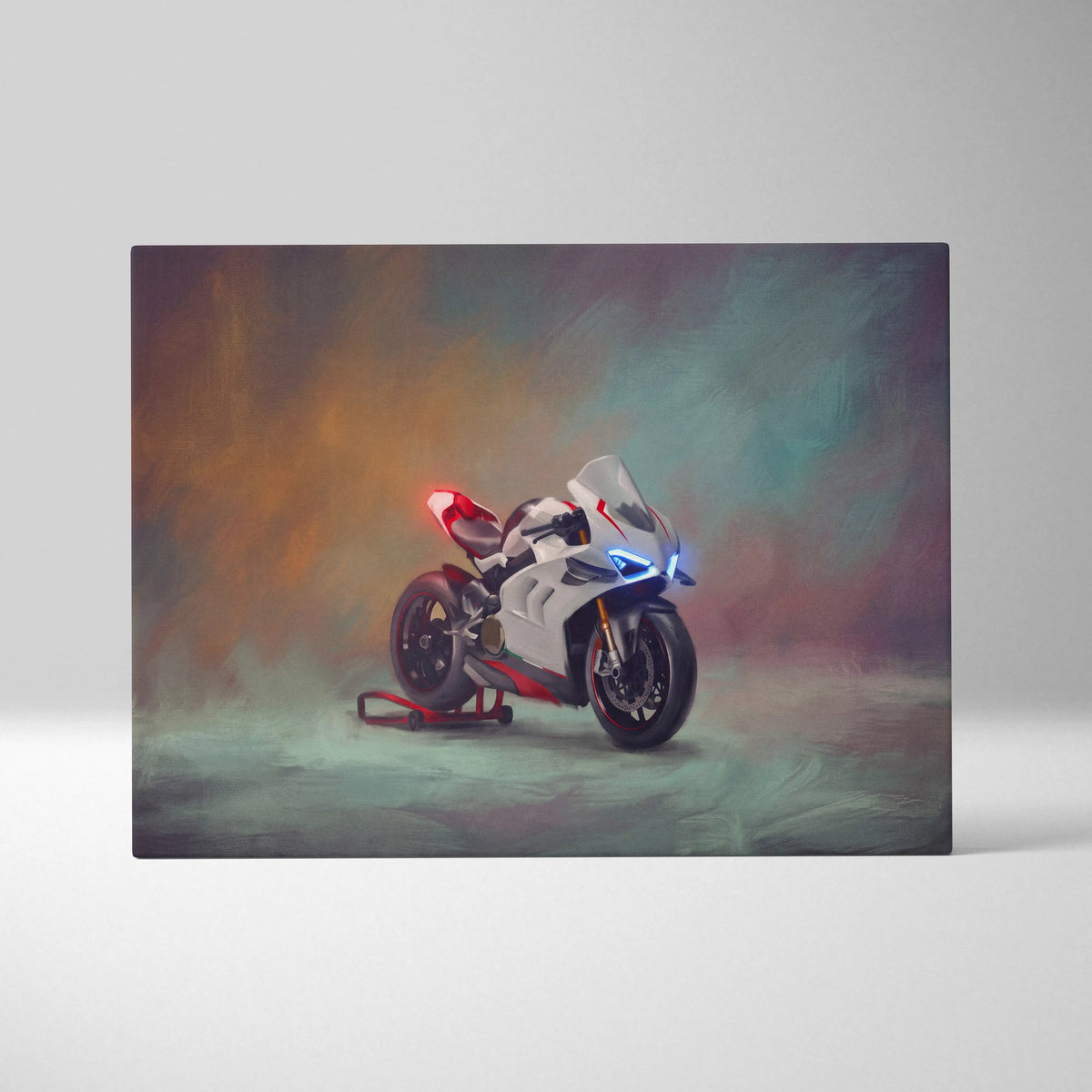 A sleek white and red Ducati Panigale V4 inspired sport bike canvas print with glowing blue headlights in stylized painting