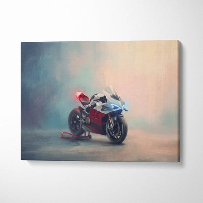 A sleek white and red Ducati Panigale V4 canvas art with glowing blue headlights and red taillight for garage decor