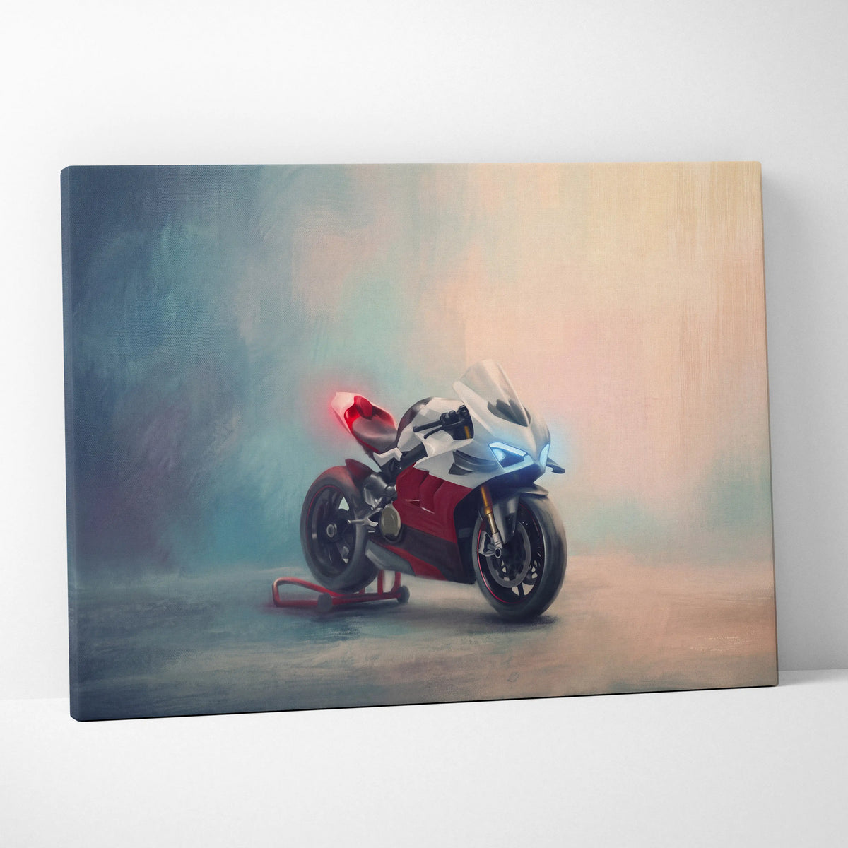 Ducati panigale v4 inspired canvas art featuring a red white and blue racing motorcycle for track superbike decor