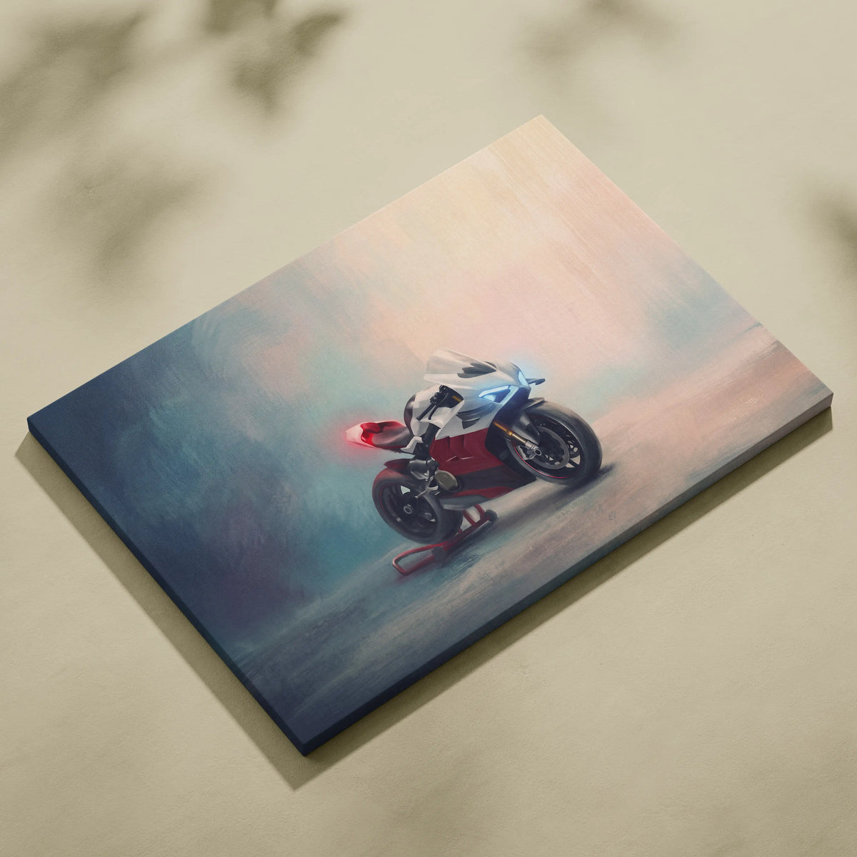 A canvas print featuring a white and red ducati panigale v4 with blue accents against a pastel sky backdrop