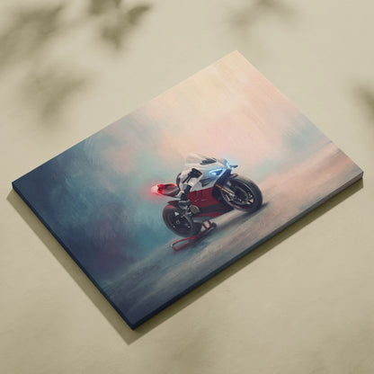 A canvas print featuring a white and red ducati panigale v4 with blue accents against a pastel sky backdrop