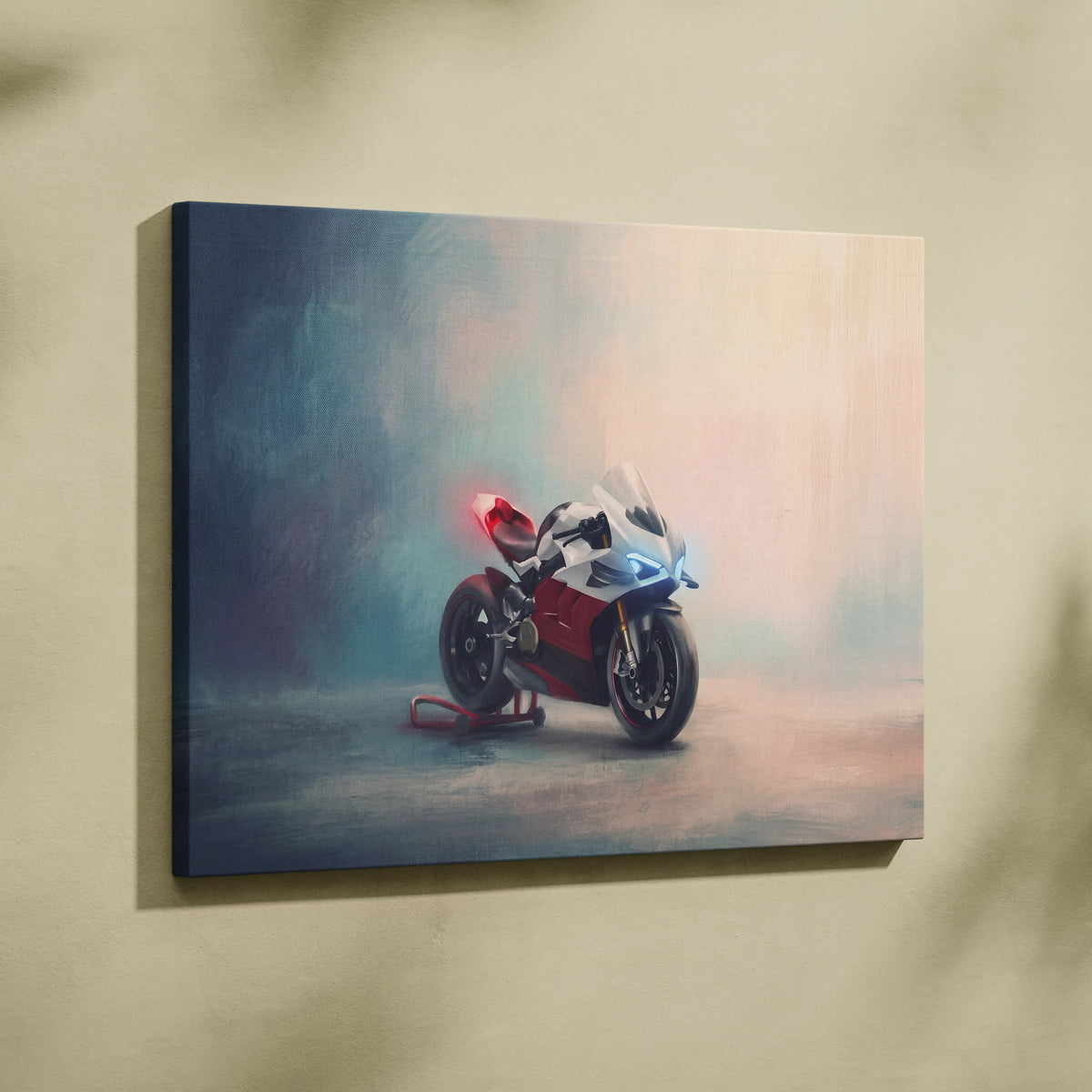 A canvas print of a sleek white and red ducati panigale v4 motorcycle with glowing blue headlights on gradient background