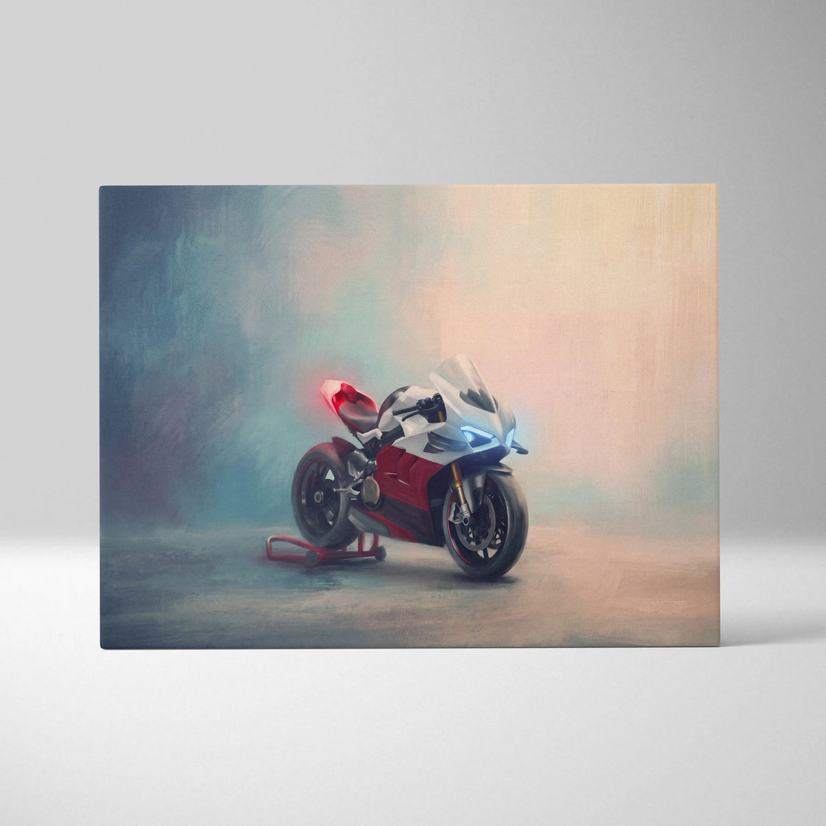 A sleek white and red Ducati Panigale V4 canvas art with glowing blue headlights for track superbike wall decor
