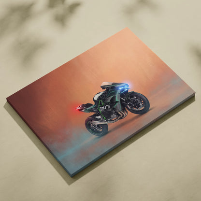 Kawasaki Ninja H2 Inspired Motorcycle Wall Art, Supercharged Canvas Print & Track Racing Decor