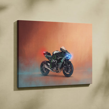 Kawasaki Ninja H2 Inspired Motorcycle Wall Art, Supercharged Canvas Print & Track Racing Decor