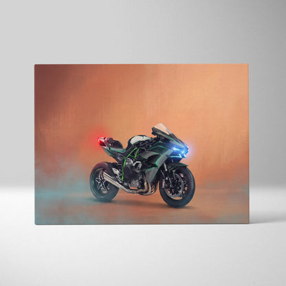 Kawasaki Ninja H2 Inspired Motorcycle Wall Art, Supercharged Canvas Print & Track Racing Decor