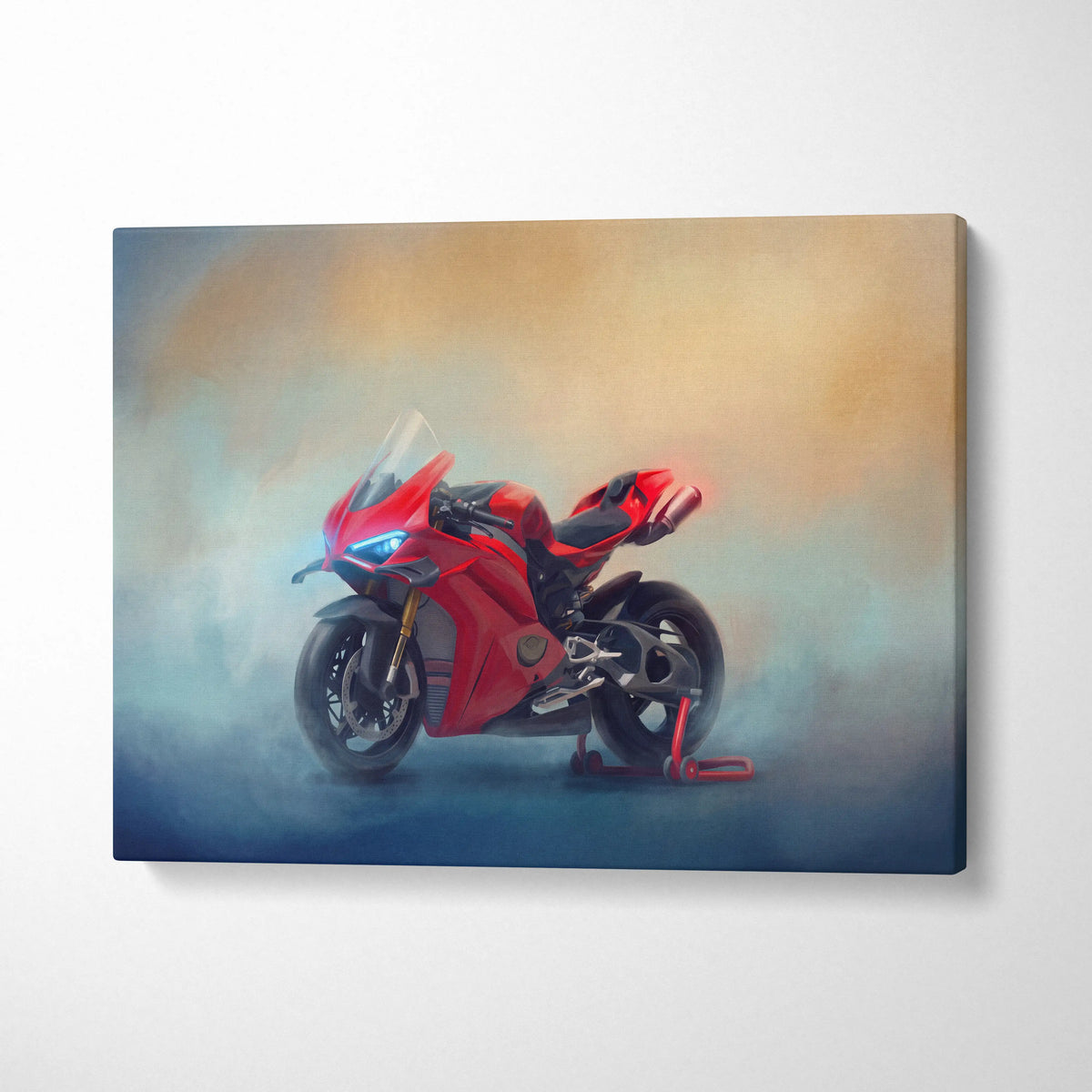 Red ducati panigale v4s canvas painting with glowing blue headlights and smoky background for racing decor