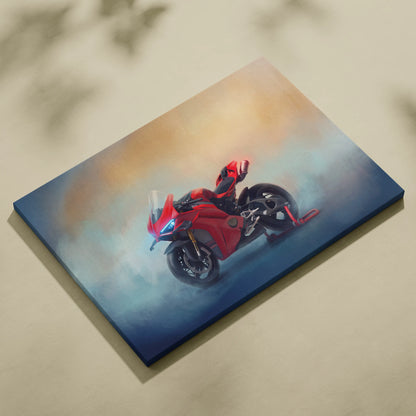 Red motorcycle canvas print with rider in red gear featuring ducati panigale v4s inspired racing decor