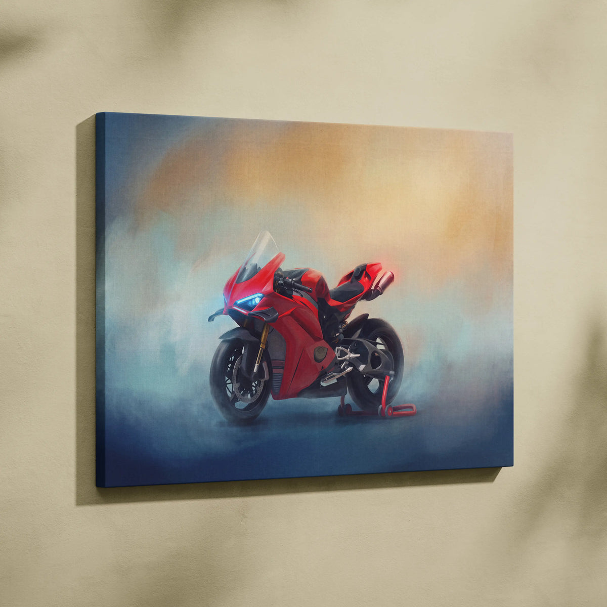 Red ducati panigale v4s inspired supersport canvas print featuring italian superbike painting for racing decor