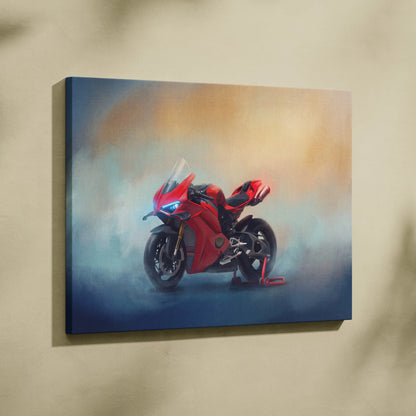 Red ducati panigale v4s inspired supersport canvas print featuring italian superbike painting for racing decor