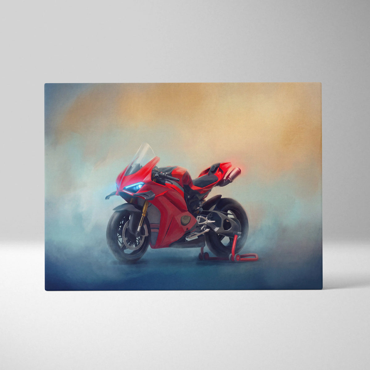 Ducati panigale v4s inspired supersport wall art featuring red ducati motorcycle with glowing blue headlights on canvas