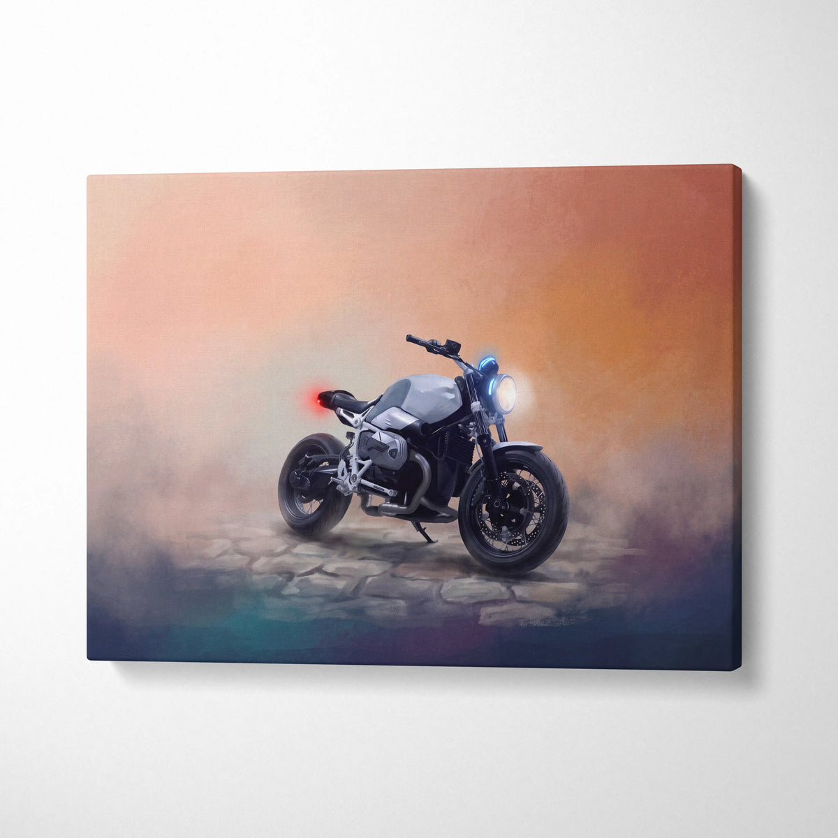 Bmw r ninet inspired naked motorcycle wall art featuring a sleek silver bike with glowing headlight and red taillight on canvas