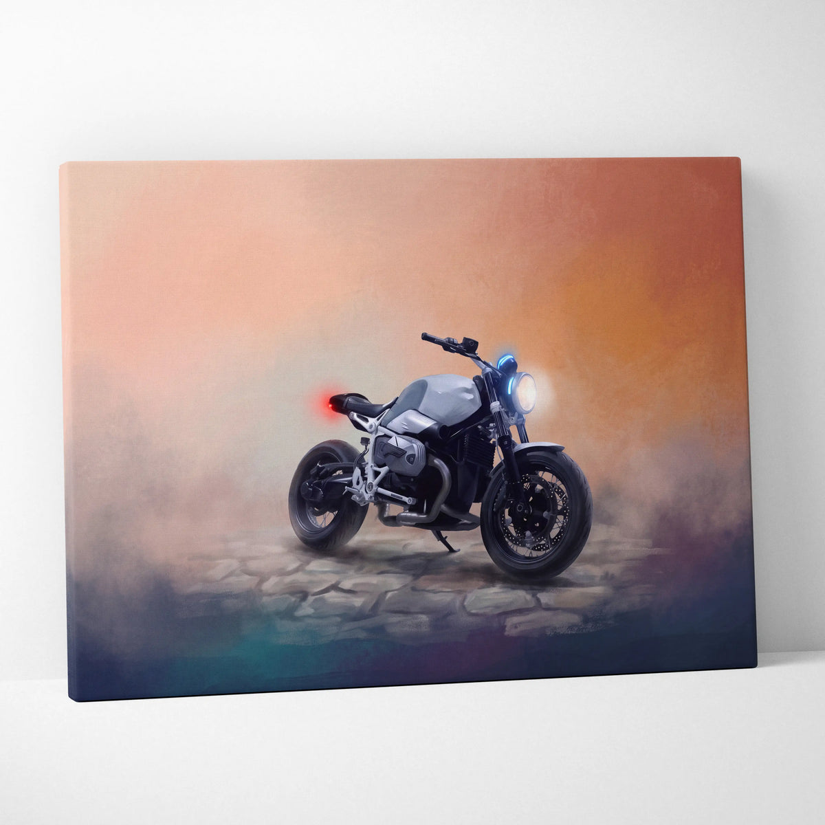 A stylized painting of a sleek silver and black bmw r ninet inspired naked motorcycle with glowing headlights on canvas