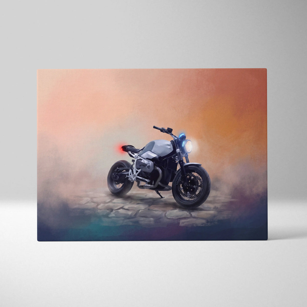 Silver and black bmw r ninet inspired naked motorcycle wall art with glowing lights on orange misty canvas print