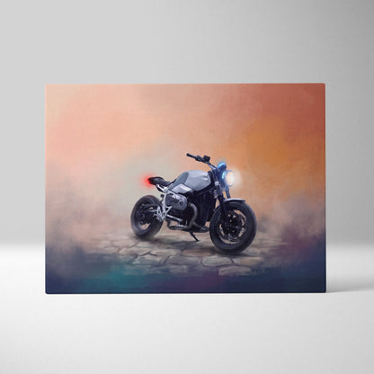 Silver and black bmw r ninet inspired naked motorcycle wall art with glowing lights on orange misty canvas print