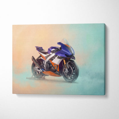 Aprilia rsv4 xtrenta inspired supersport wall art featuring a vibrant blue and orange sport motorcycle on canvas with gradient background