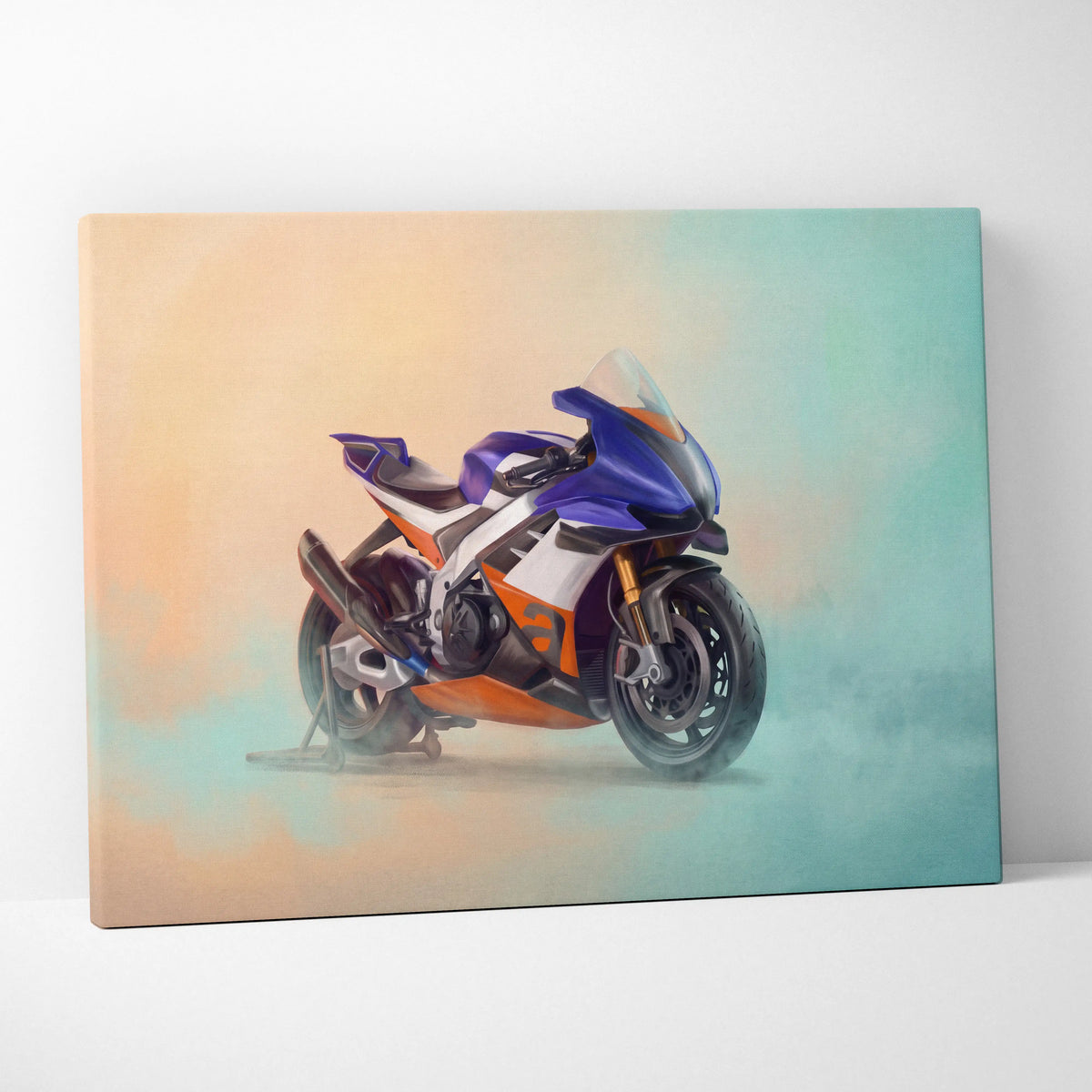 Vibrant blue and orange Aprilia RSV4 Xtrenta inspired racing motorcycle canvas print for supersport wall art and garage decor