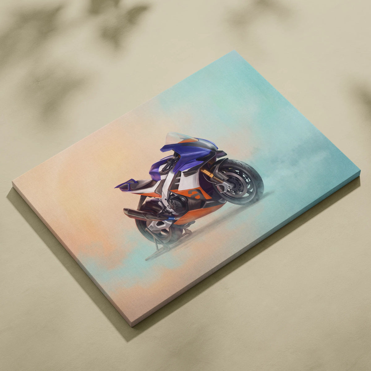 Vibrant purple and orange Aprilia RSV4 Xtrenta inspired motorcycle illustration on stretched canvas with soft gradient background