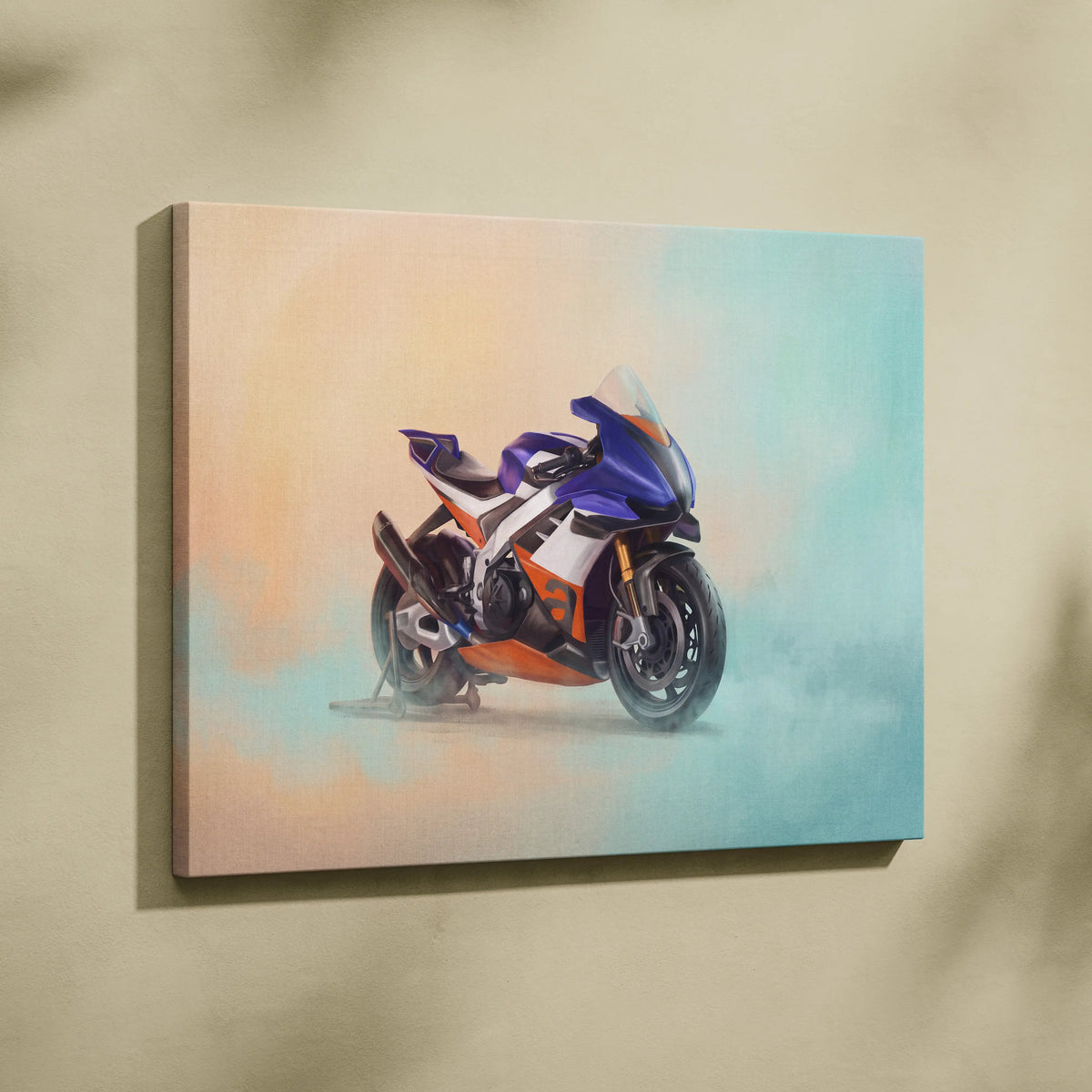 Aprilia rsv4 xtrenta inspired supersport wall art featuring a vibrant blue orange and white racing motorcycle on canvas