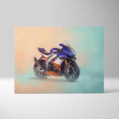 Aprilia rsv4 xtrenta inspired supersport wall art featuring a vibrant blue orange and white racing motorcycle on canvas
