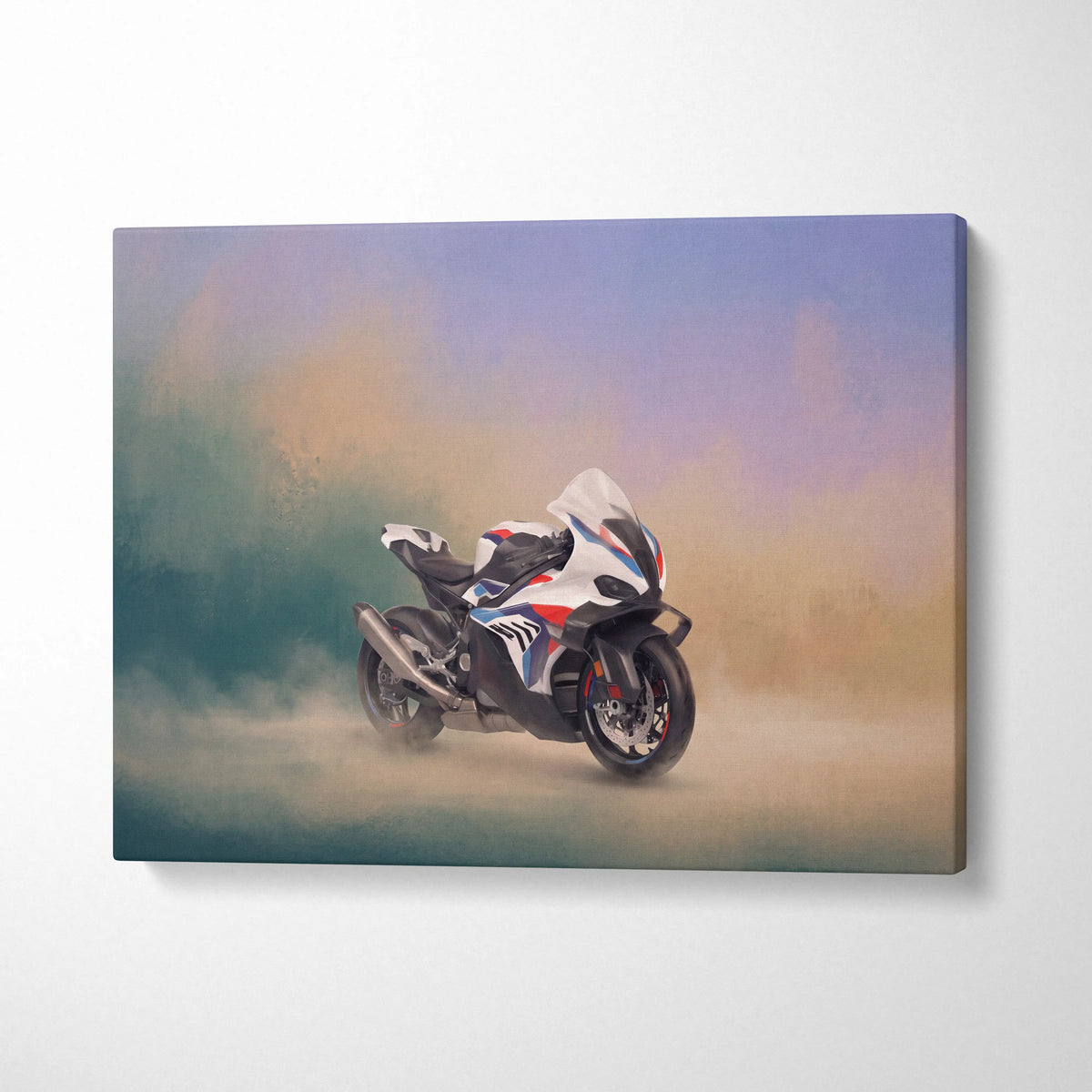 A sleek white blue and red BMW M1000RR inspired supersport motorcycle watercolor canvas print for racing home decor