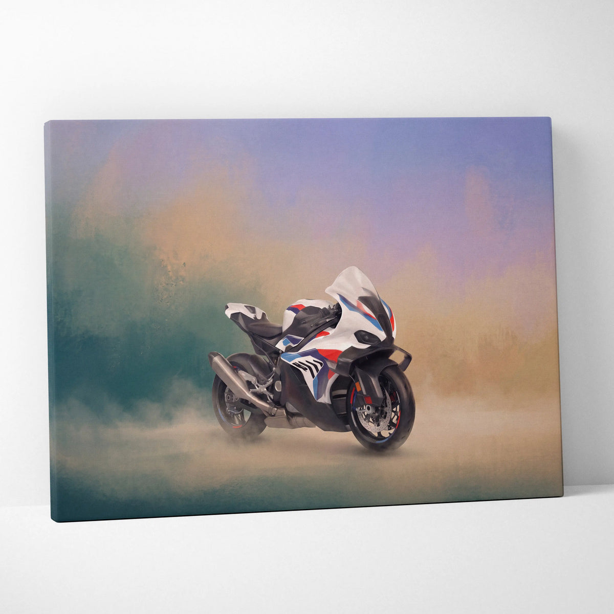 Bmw m1000rr inspired motorcycle wall art canvas print featuring white blue and red supersport bike with smoky gradient background