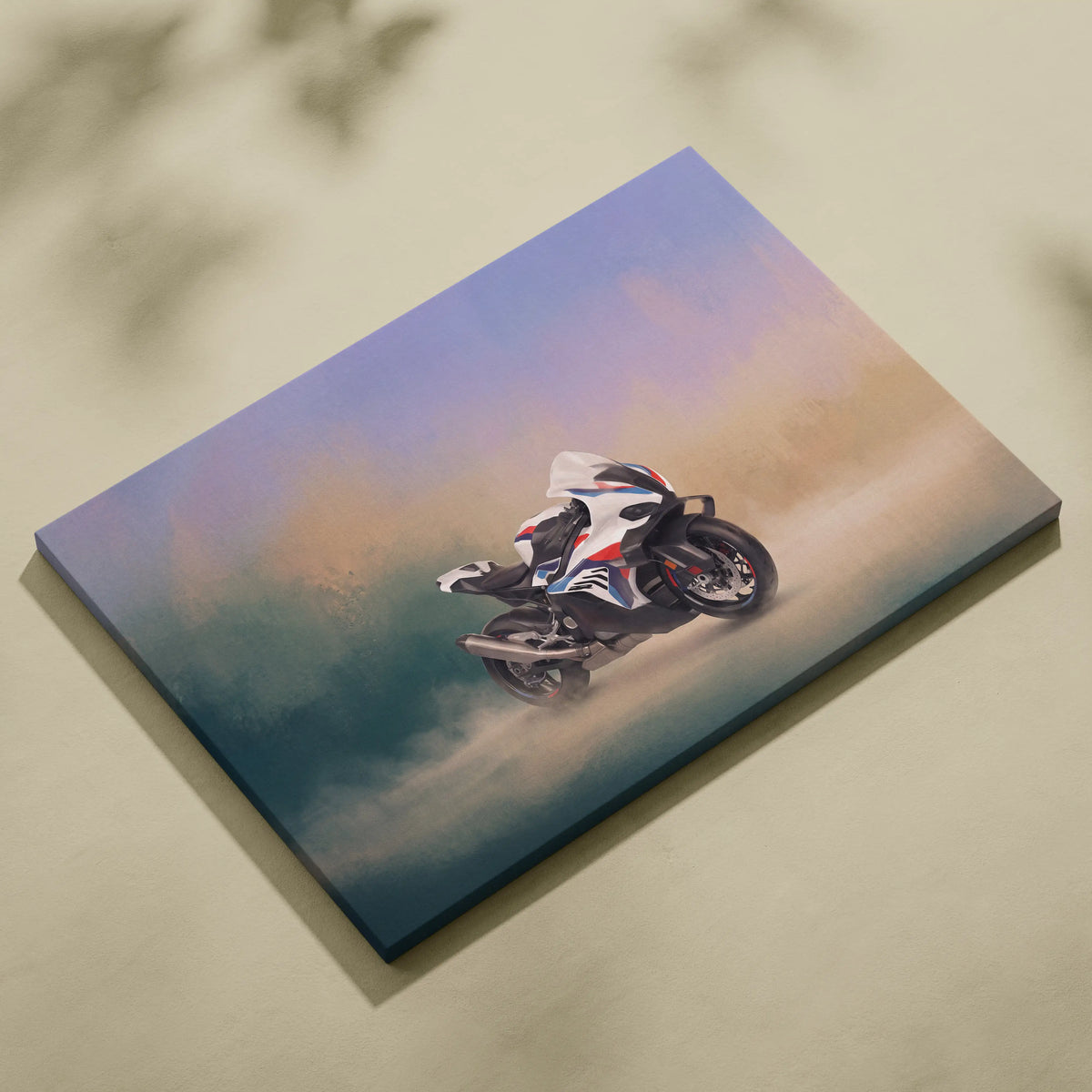 A canvas print of a white blue and red bmw m1000rr inspired motorcycle speeding through a misty sky wall art