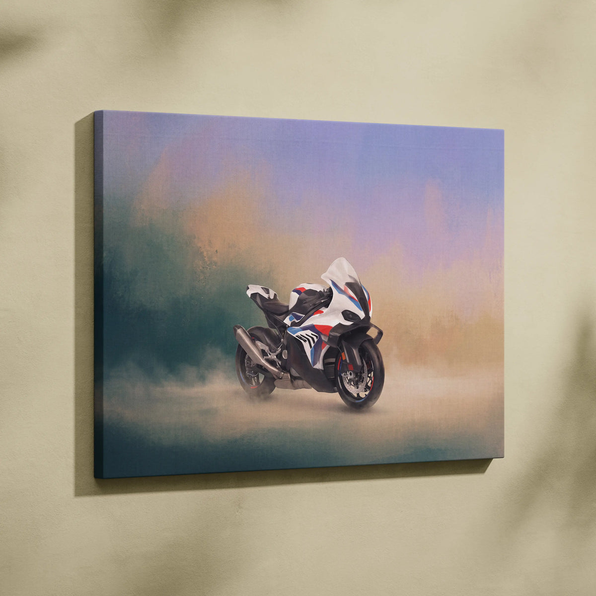 Bmw m1000rr inspired motorcycle wall art featuring white, black, and blue supersport bike on canvas for racing decor