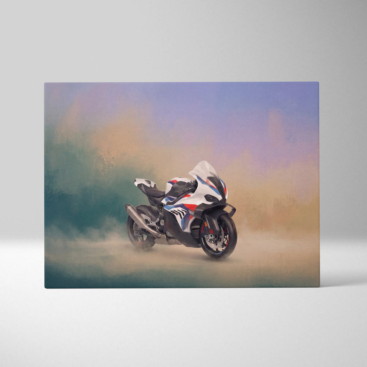 Bmw m1000rr inspired motorcycle wall art showing white blue and red bike on canvas with smoky artistic background