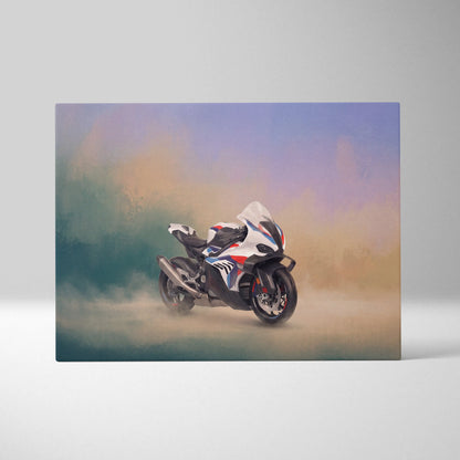Bmw m1000rr inspired motorcycle wall art showing white blue and red bike on canvas with smoky artistic background