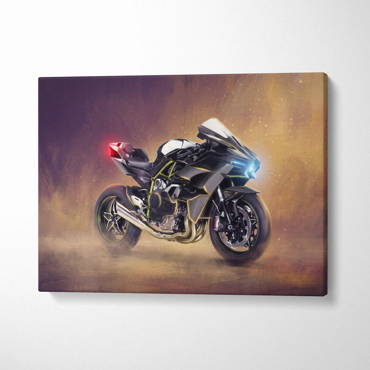 Kawasaki ninja h2 inspired supersport canvas print with black green motorcycle glowing blue headlights red taillight