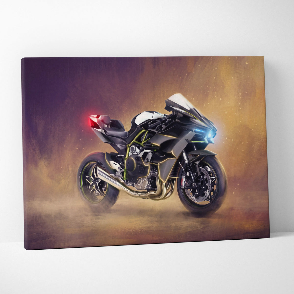 Black and gold motorcycle canvas print with glowing blue headlights and red taillight inspired by Kawasaki Ninja H2 design