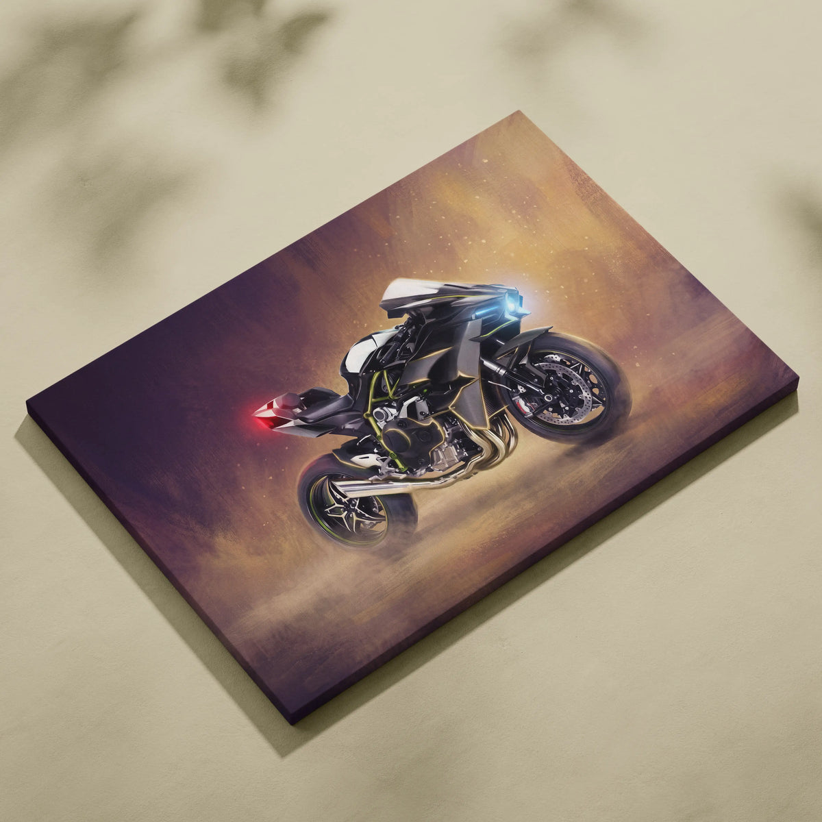 Black and white Kawasaki Ninja H2 inspired supersport canvas print with glowing blue headlights and red taillights on cosmic background