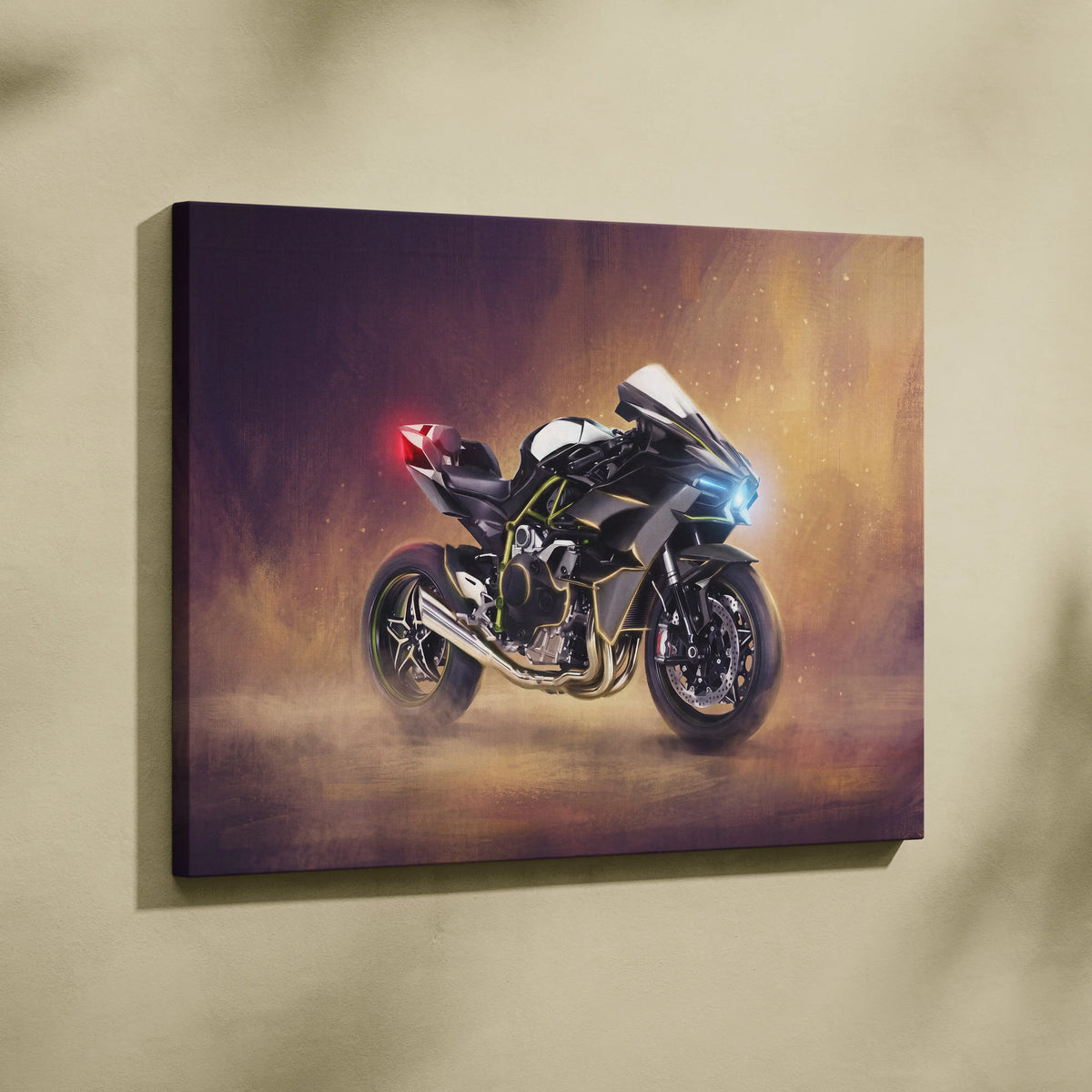 Black and white Kawasaki Ninja H2 inspired supersport motorcycle artwork on canvas superbike wall art print
