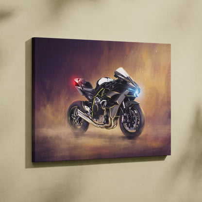 Black and white Kawasaki Ninja H2 inspired supersport motorcycle artwork on canvas superbike wall art print