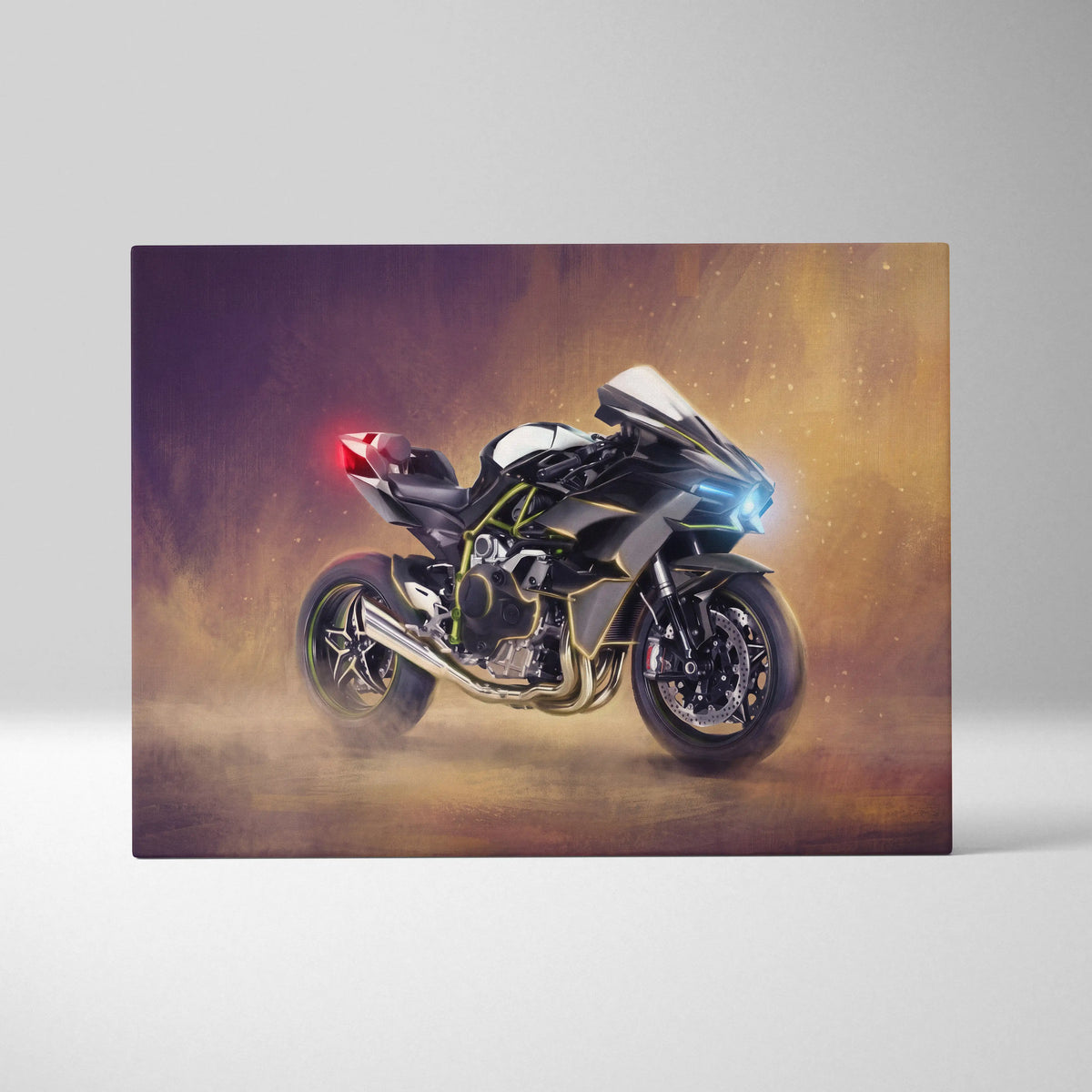 Kawasaki ninja h2 inspired supersport wall art featuring black and white racing motorcycle with neon green accents on canvas print