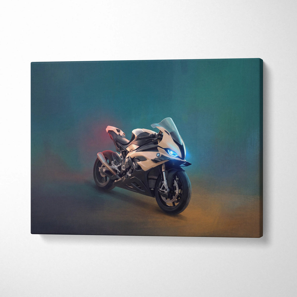 Bmw s1000rr inspired sport bike wall art featuring a glossy beige and black modern motorcycle on canvas for garage decor