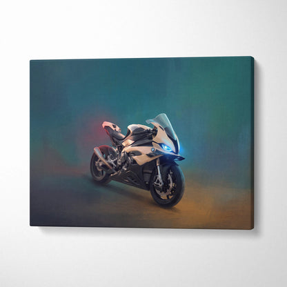 Bmw s1000rr inspired sport bike wall art featuring a glossy beige and black modern motorcycle on canvas for garage decor