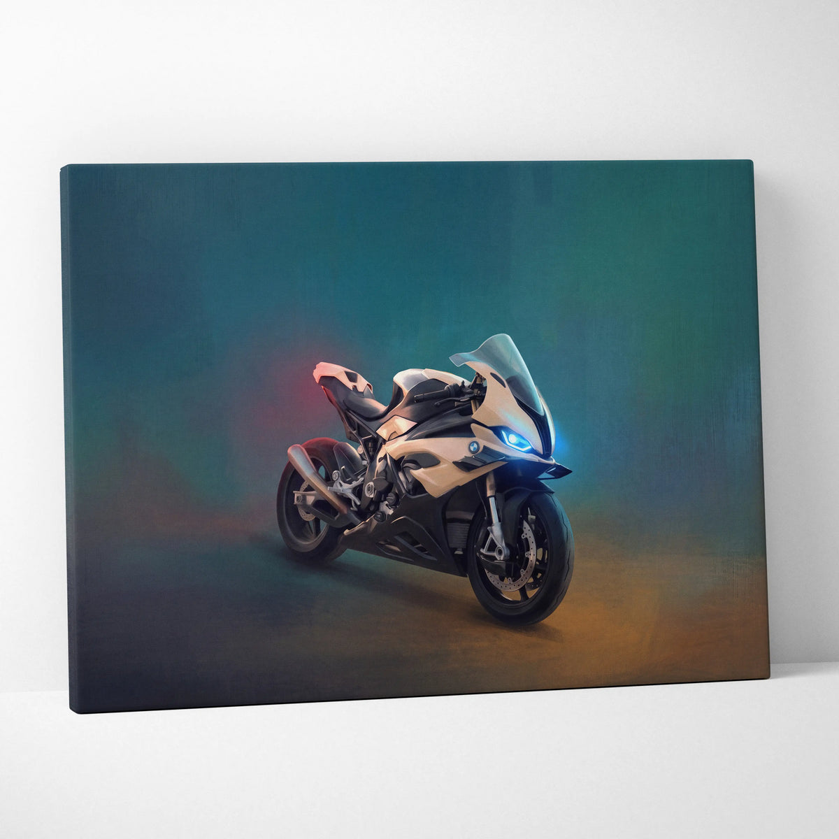 A sleek tan and black BMW S1000RR inspired sport bike digital painting with glowing blue headlights on canvas art
