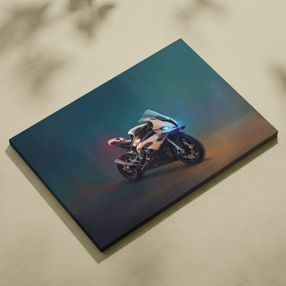 Bmw s1000rr inspired sport bike canvas wall art with glowing blue and red accents perfect for garage decor