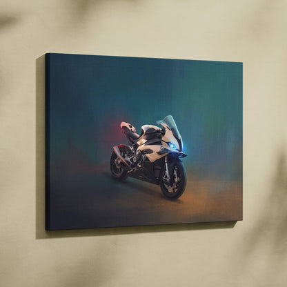 A sleek white and black BMW S1000RR sport bike canvas art with glowing blue headlights on dark teal background