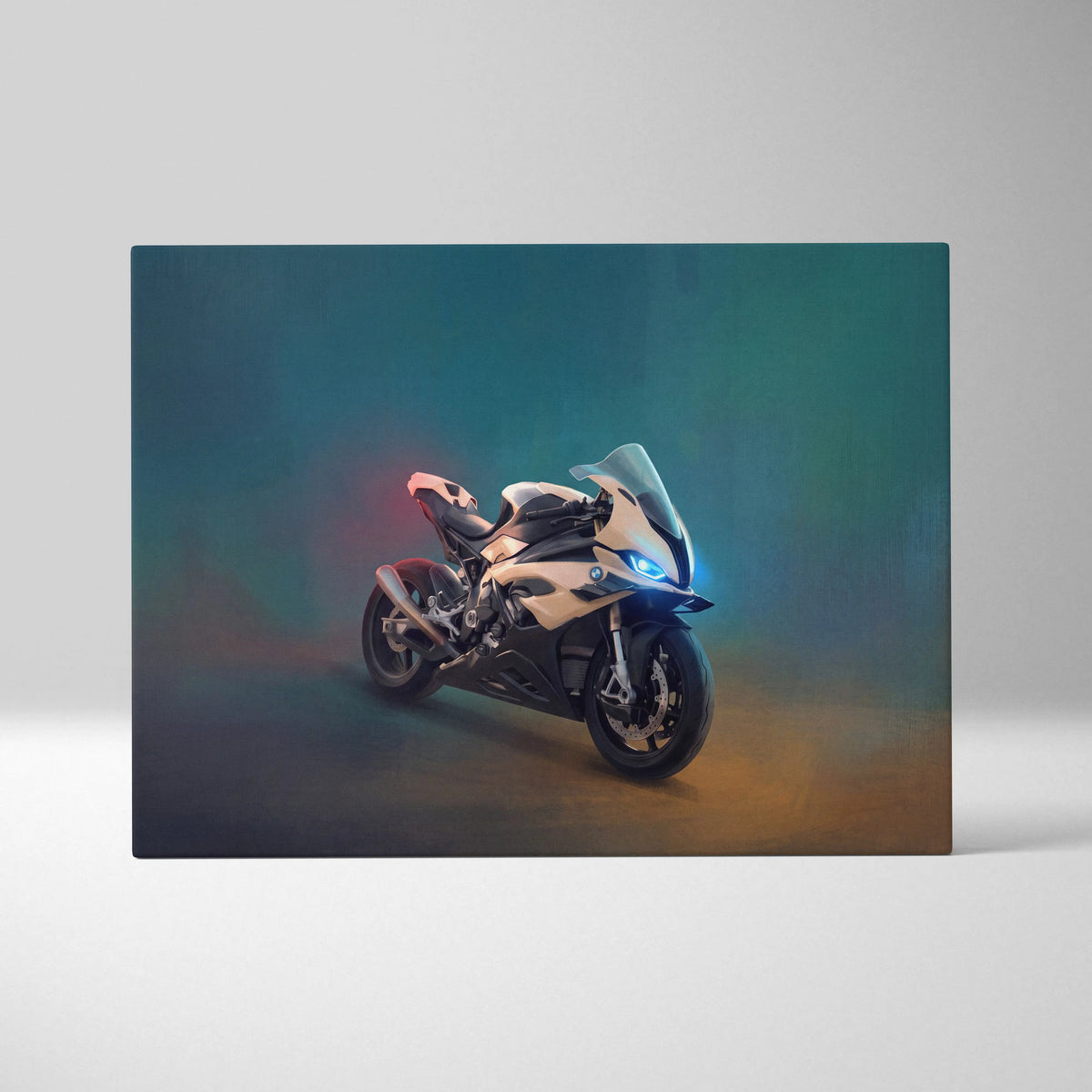 A sleek modern beige and black BMW S1000RR inspired sport bike with sharp lines and blue headlights on canvas wall art