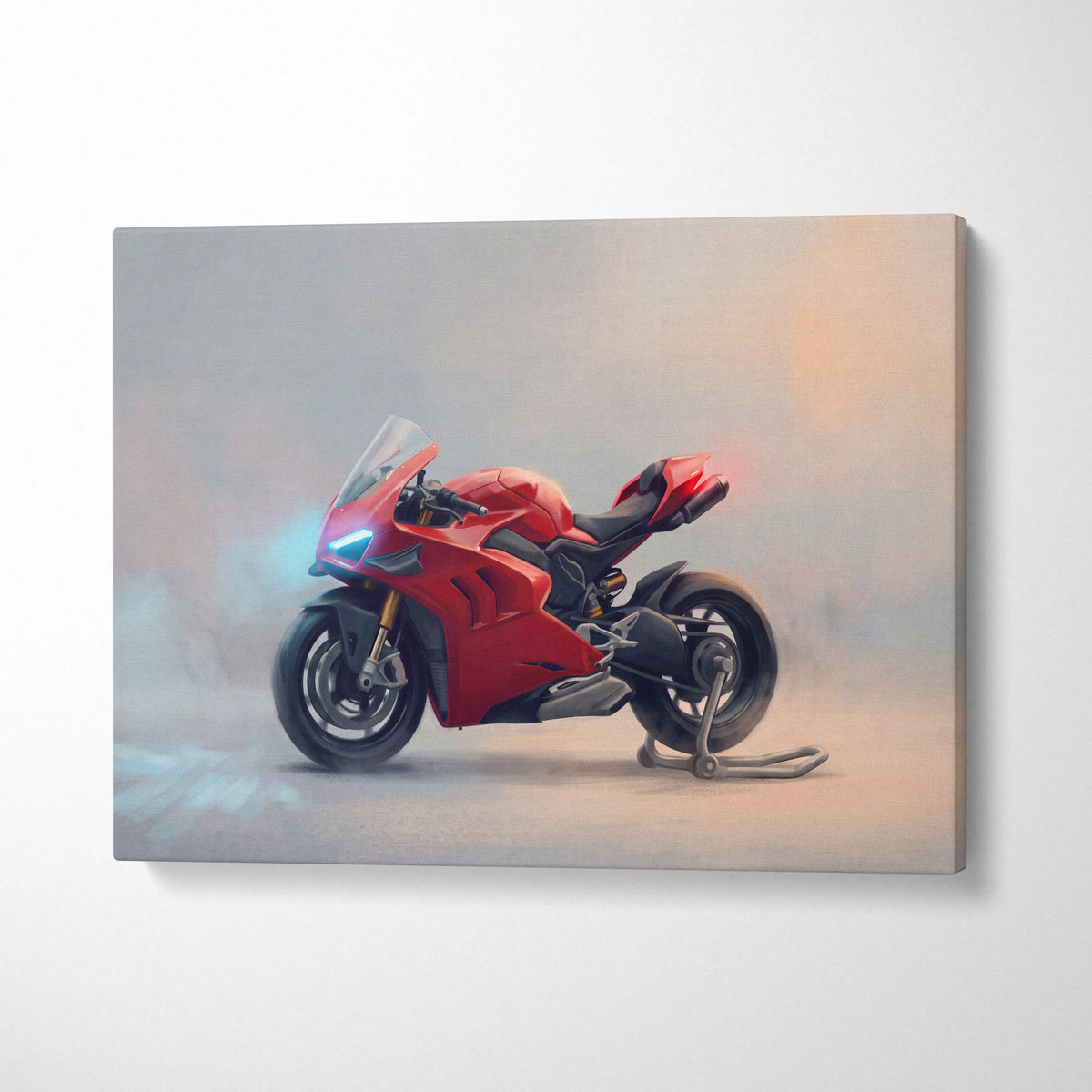 Red ducati panigale v4s inspired sport bike artwork on canvas for track racing and superbike home decor
