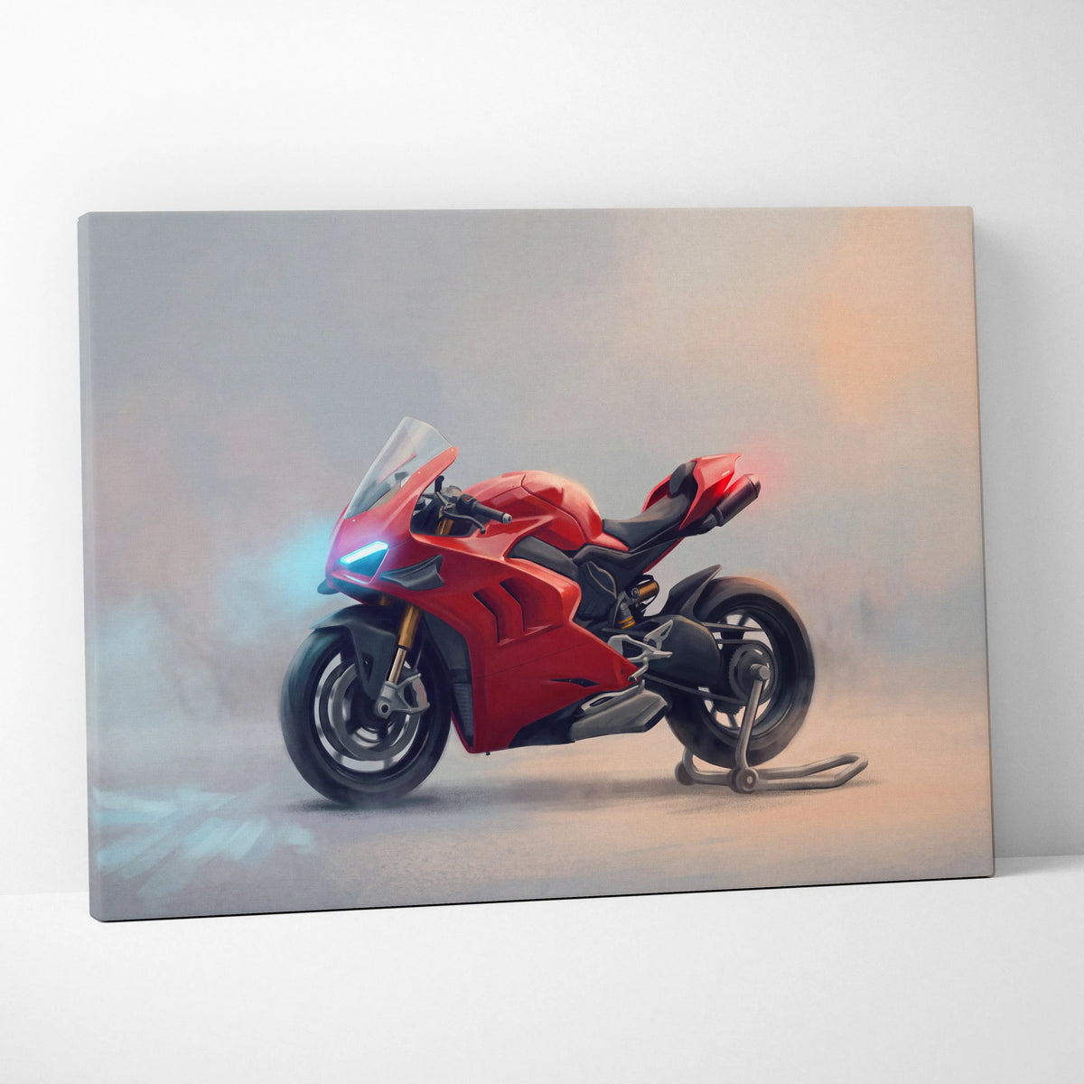Red ducati panigale v4s inspired sport bike wall art featuring sleek aerodynamic design with black accents and blue headlights