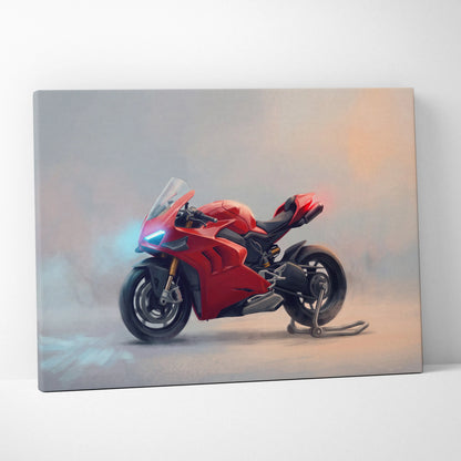 Red ducati panigale v4s inspired sport bike wall art featuring sleek aerodynamic design with black accents and blue headlights